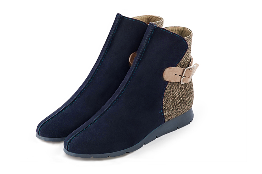 Midnight blue, dark brown and biscuit beige women's ankle boots with buckles at the back. Round toe. Flat rubber soles. Front view - Florence KOOIJMAN